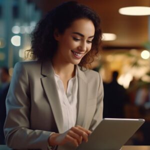 Corporate business woman using tablet